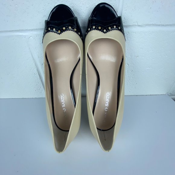 Franco Sarto Shoes Size 10 Ivory Black Bruna Leather Wing Tip Peep Toe Pump Heel - Picture 7 of 13